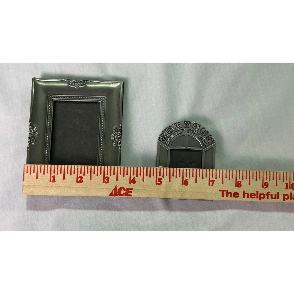 Vintage Metal Mini Picture Frames Lot of 2 Cat Window & Ornate Rectangle 2x3